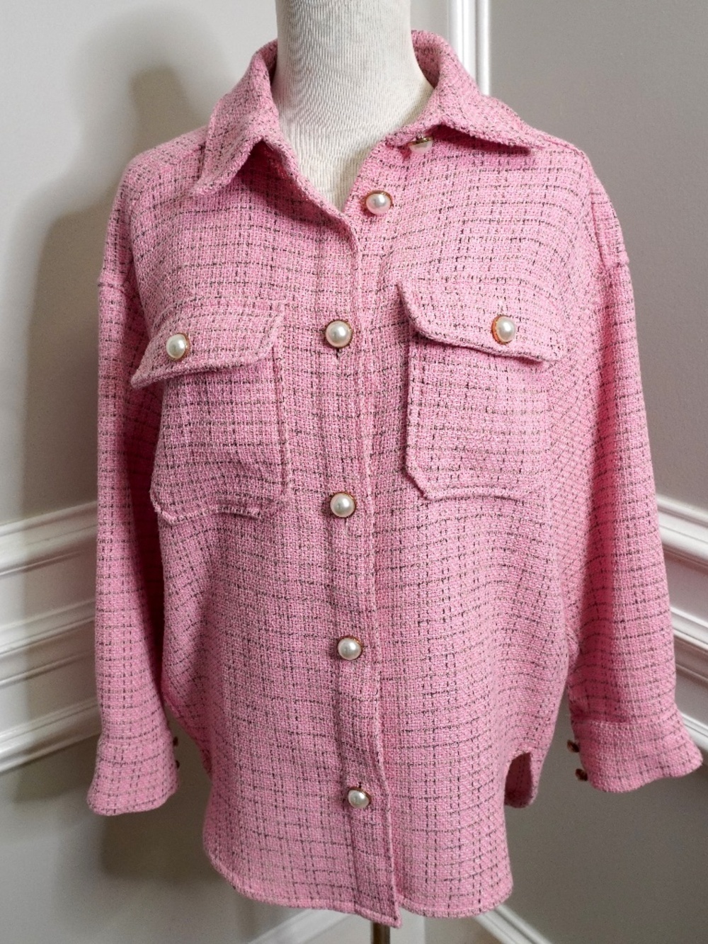 Pearled Button Tweeded Jacket, Size S